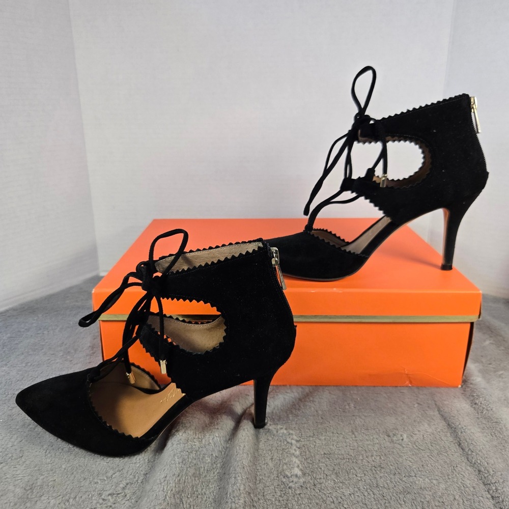 Arturo Chiang Womens Black Suede Scalloped Lace Up Ghillie Heels Pumps Size 6M
